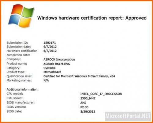 Материнская плата ASRock H61M-HVS сертифицирована под Windows 8