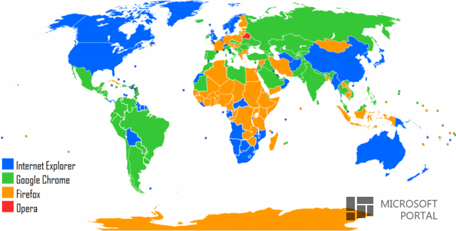 Карта популярности интернет-браузеров