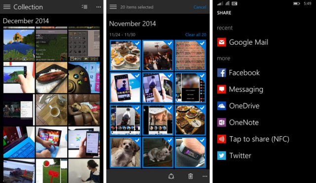 Приложение Фотографии в Windows 10 Technical Preview для смартфонов на видео