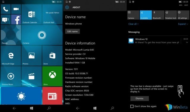 Скриншоты сборки Windows 10 Mobile Build 10586.71