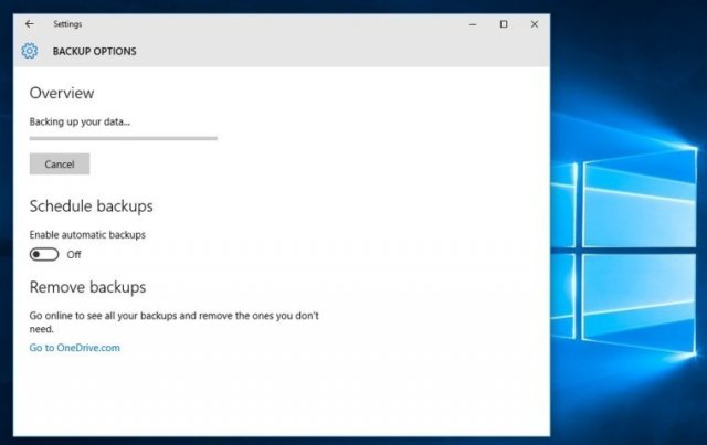 Изменения функции резервного копирования OneDrive  из более старой сборки Windows 10 Redstone