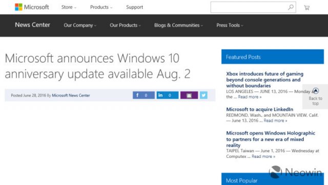 Обновление Windows 10 Anniversary Update будет выпущено 2 августа