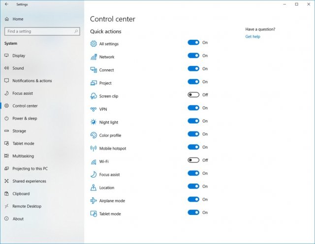 Microsoft продолжает работать над Центром управления для Windows 10
