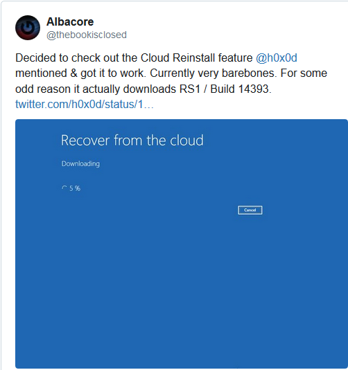 Первое появление функции «Загрузка из облака» состоялось в сборке Windows 10 Build 14908