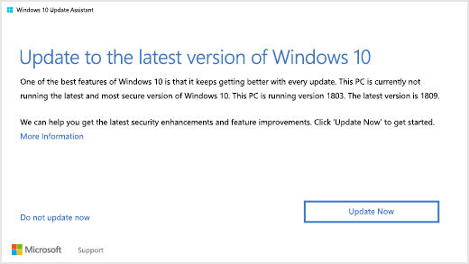 Некоторые версии Windows 10 отображают уведомление для установки последней версии