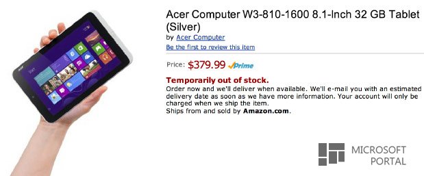 8,1-дюймовый планшет Acer на Windows 8 засветился на сайте Amazon