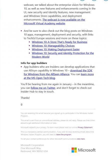 Microsoft снова начинает рассылку писем участникам Windows Insider