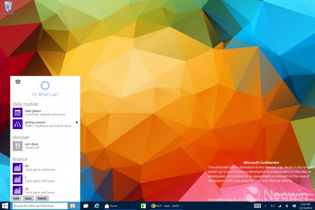 Множество скриншотов голосового помощника из Windows 10 Technical Preview for Consumer Build 9901