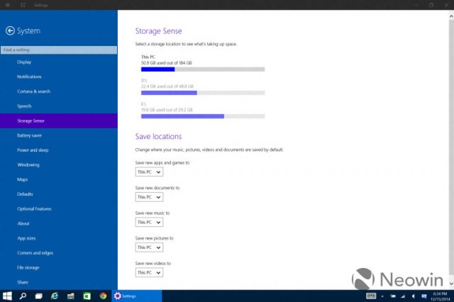 Windows 10: Функция Storage Sense в сборке 9901 позволяет устанавливать контент в другое место