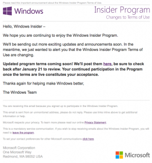 Ещё одно письмо от Microsoft для инсайдеров Windows