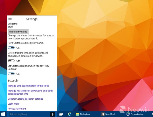 Включаем функцию «Эй, Cortana»  в Windows 10 build 9926