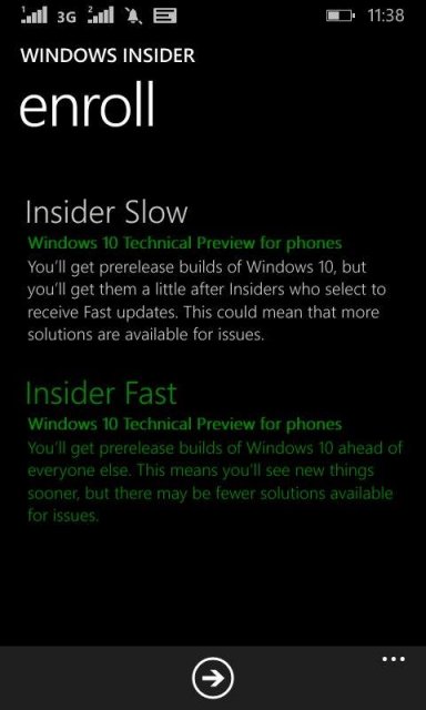 Приложение Windows Insider в Windows 10 TP для смартфонов позволяет выбрать два варианта обновления