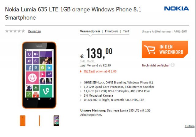В немецком онлайн-магазине замечена Lumia 635 с 1ГБ ОЗУ [дополнено]
