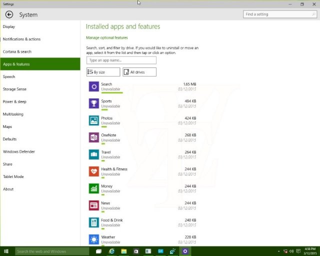 В сборке 10036 Windows 10 TP обнаружены изменения в разделе «Apps and Features»