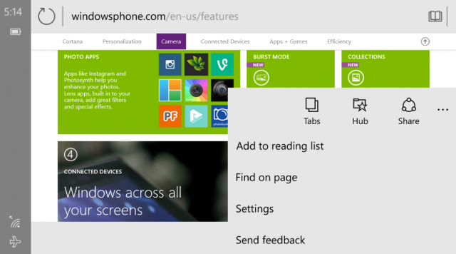 Новые скриншоты браузера Spartan в Windows 10 for Phones