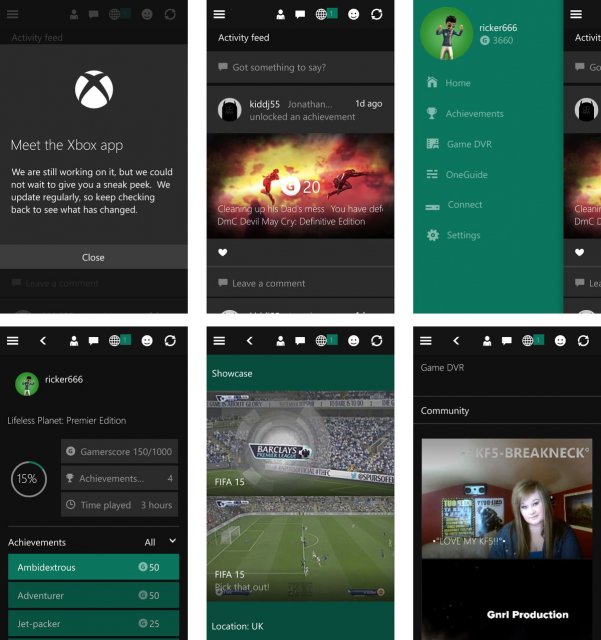 Скриншоты приложения Xbox в Windows 10 Mobile Build 10080