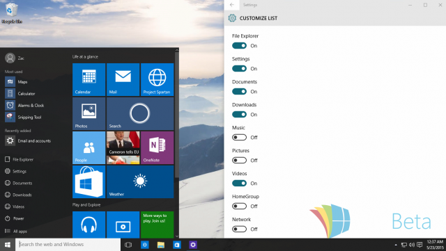 Windows 10 Build 10125: настройка быстрых ссылок в меню Пуск