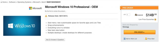 Предполагаемые цены на ОЕМ-редакции Windows 10 Home и Pro появились на сайте Newegg