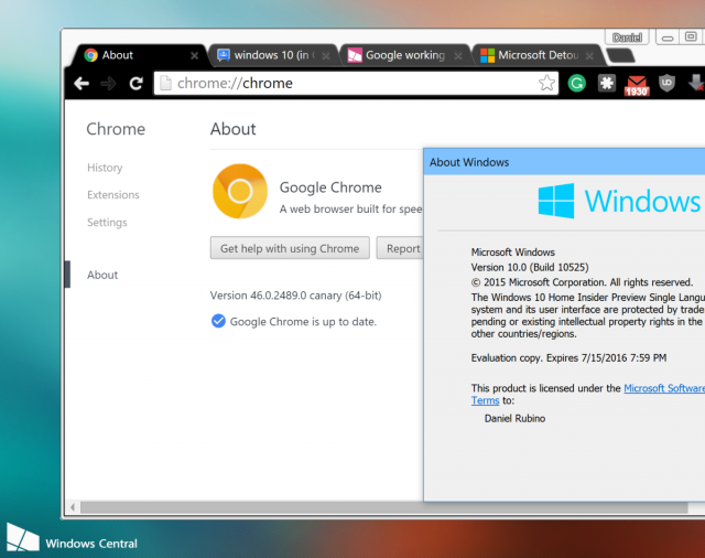 Последняя 64-битная версия браузера Google Chrome Canary работает в Windows 10 Build 10525