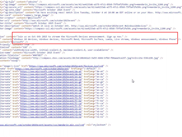 Исходный код сайта мероприятия по анонсу новых устройств от Microsoft содержит в себе информацию об их анонсе