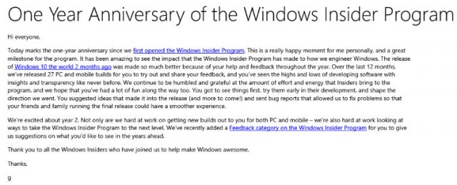 Программе Windows Insider Program исполнился один год
