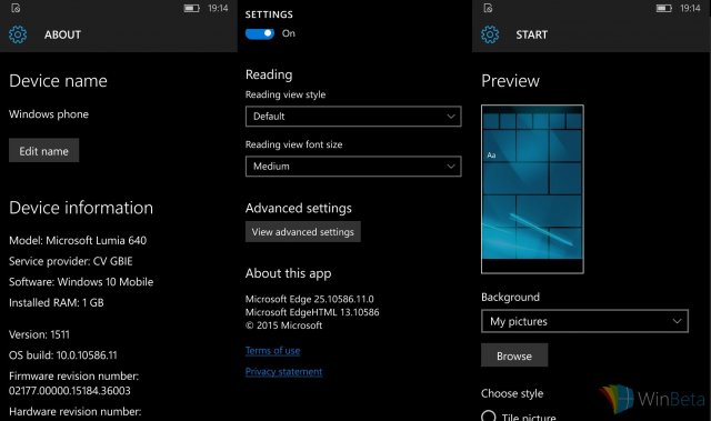 Скриншоты сборки Windows 10 Mobile Build 10586.11