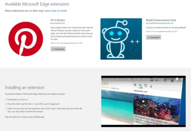 Microsoft засветила расширения для Microsoft Edge