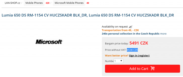 Смартфон Lumia 650 может стоить около $185