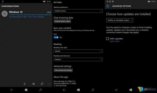 Скриншоты сборки Windows 10 Mobile Build 10586.71