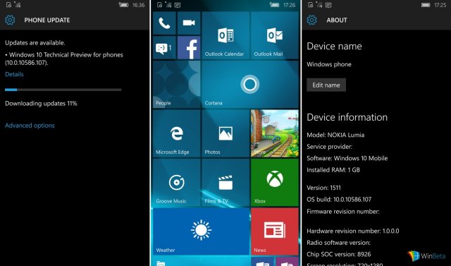 Microsoft тестирует сборку Windows 10 Mobile Build 10586.107