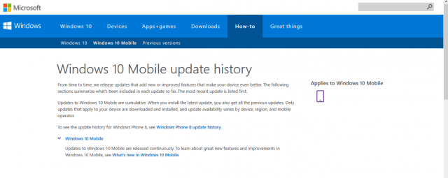 Windows 10 Mobile тоже получила свой веб-сайт истории обновлений