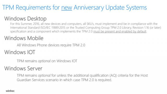 Microsoft: новые устройства и ПК с Windows 10 будут поддерживать TPM 2.0 
