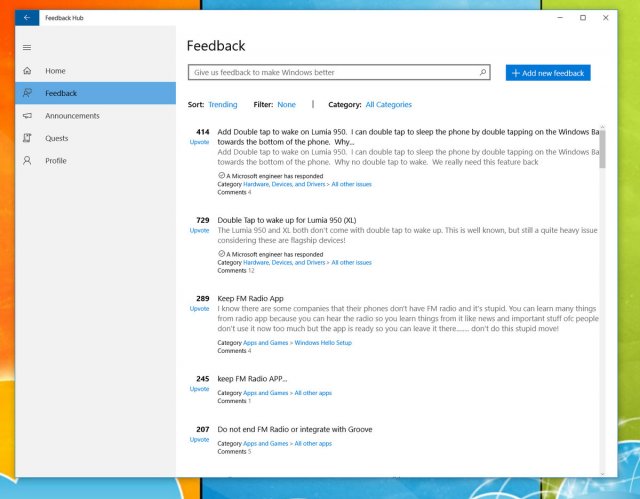 Приложение Feedback Hub доступно для всех пользователей Windows 10 и Windows 10 Mobile