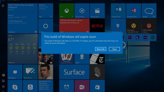 Срок действия некоторых сборок Windows 10 Insider Preview истекает 15 июля