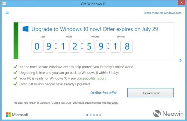 Приложение «Получить Windows 10»  теперь показывает обратный отсчет до 29 июля и иконку предупреждения