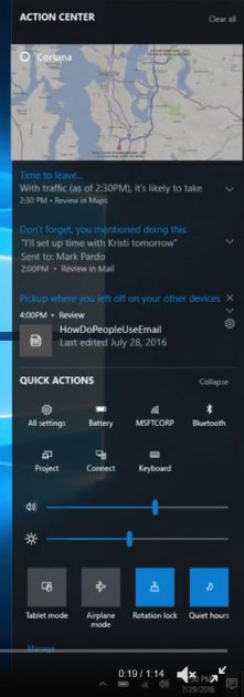 Новый Центр действий в Windows 10 Creators Update