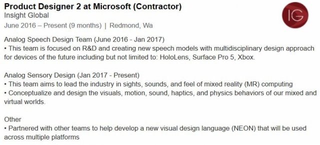 Упоминание о Surface Pro 5 и Project NEON было обнаружено в LinkedIn