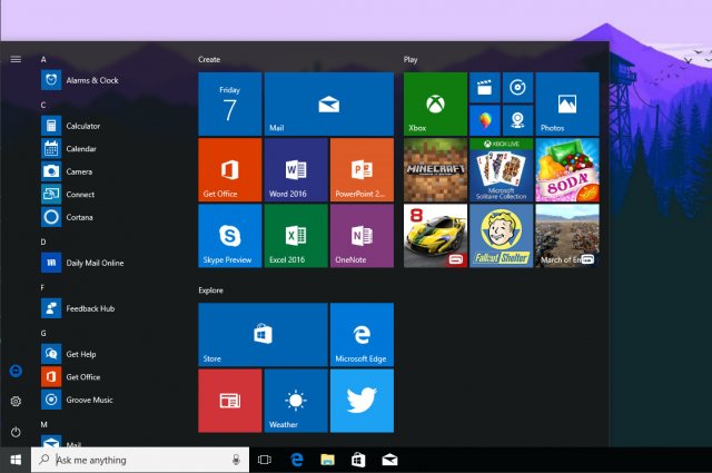 Десктопные приложения Office закреплены в меню Пуск Windows 10 Cloud Build 16170
