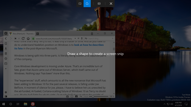 Новый опыт функции Screen clip в Windows 10 Build 17639