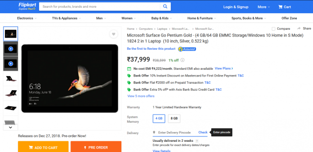 Surface Go стал доступен для предварительного заказа в Индии