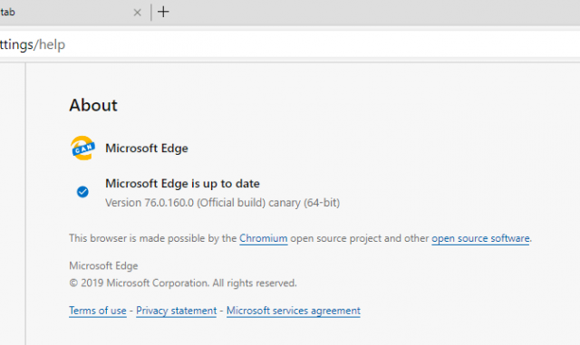 Компания Microsoft выпустила Microsoft Edge Insider Canary Build 76.0.160.0