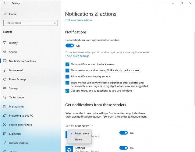 Обновление Windows 10 20H1 получит улучшения в настройках уведомлений