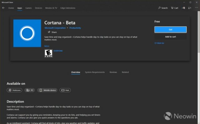 Приложение Cortana - Beta доступно в Microsoft Store
