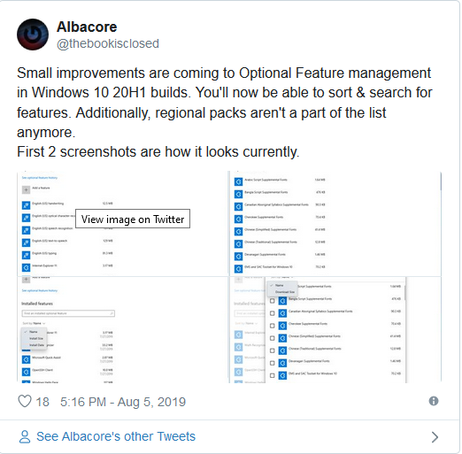 Windows 10 20H1 улучшит раздел «Управление дополнительными компонентами» 