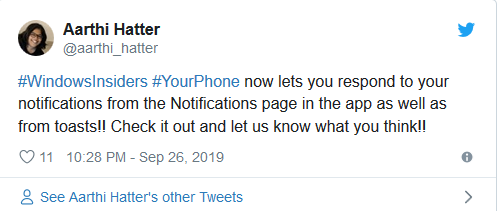 Пользователи могут использовать приложение «Ваш телефон» для ответа на уведомления