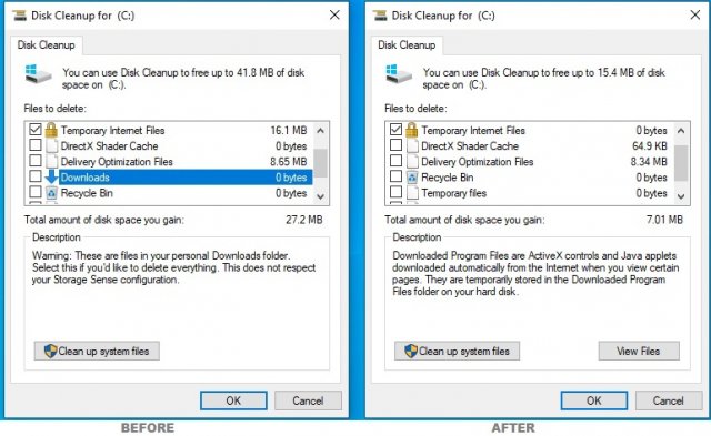 Утилита «Очистка диска» лишилась параметра «Загрузки» в Windows 10 Build 19018