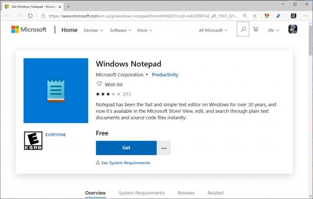 Приложение «Блокнот» стало доступно для загрузки в Microsoft Store