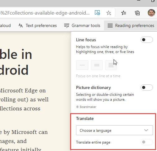 Microsoft Edge получил поддержку перевода страниц в Immersive Reader