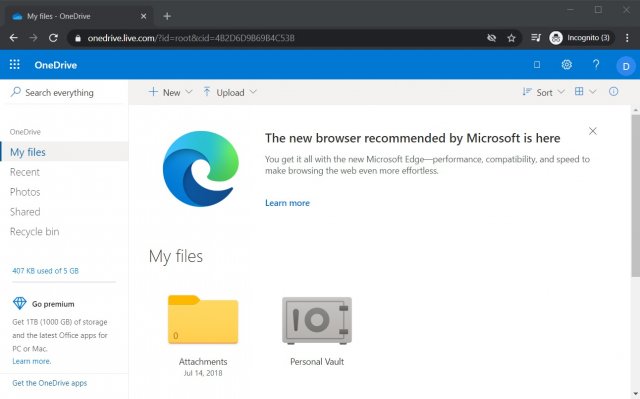 Microsoft начала рекомендовать новый Edge в OneDrive