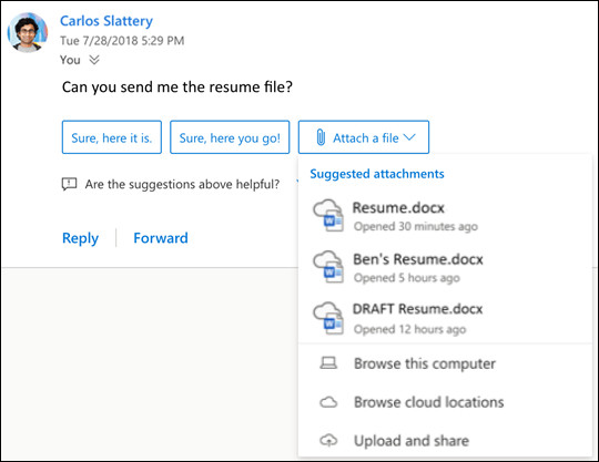 Функция предлагаемых ответов Outlook for Web теперь имеет опцию предлагаемых вложений
